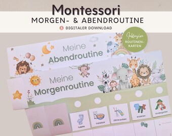 May include: A digital download featuring a Montessori morning and evening routine chart with illustrations of a lion, monkey, elephant, giraffe, zebra, and hippo. The text includes "Montessori MORGEN- & ABENDROUTINE" and "Meine Morgenroutine".