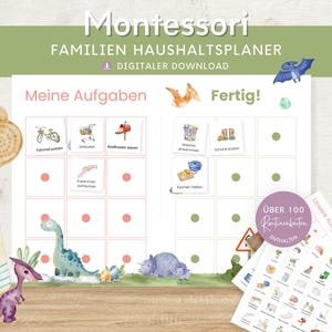 Plano doméstico para crianças e família dinossauro, lista de tarefas para casa, Montessori para IMPRIMIR, plano de tarefas e planejador familiar semanal