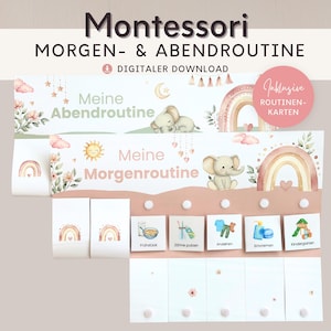 Morgenroutine und Abendroutine für Kinder rosa Boho, Routineplan mit Routinekarten, Tagesplan zum Ausdrucken, Montessori Board Kinderzimmer