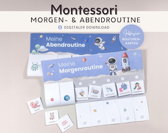 Morning routine and evening Montessori toys for children Alien design, routine plan with routine cards to print, wall decoration children&#39;s room