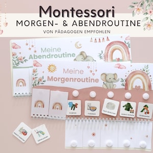 Könnte beinhalten: Zwei weiße, rechteckige Routine-Pläne mit Spiralbindung, verziert mit Elefanten-, Regenbogen- und Sonnenmotiven. Die Pläne zeigen den Text 'Montessori MORGEN- & ABENDROUTINE' und 'Meine Morgenroutine' sowie kleine quadratische Kärtchen für Aufgaben.