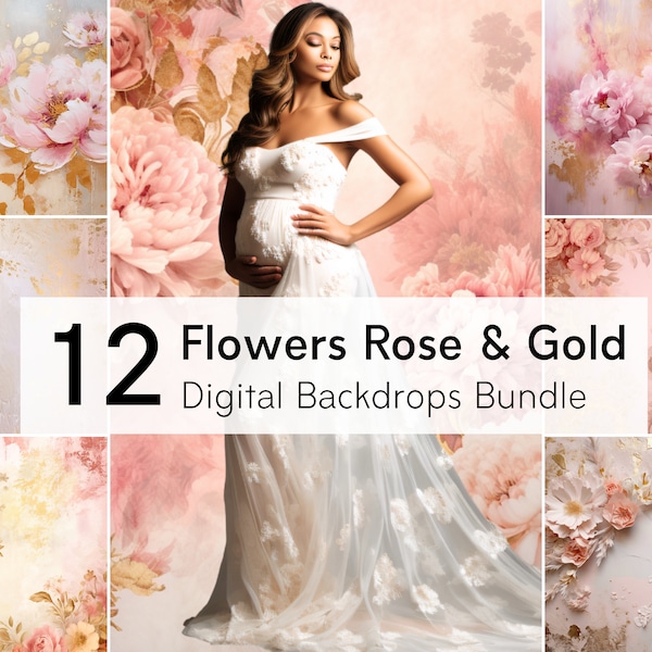 12 Digital Backdrop Flowers Rose and Gold, Photography Digital Background Overlays, Photoshop Textures Overlays, Floral Fine Art, Png