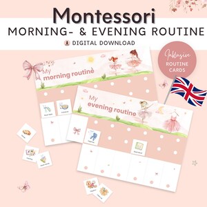 Tabla de rutinas para niños, Rutina matutina y vespertina para niños, Diseño de bailarina, Tabla de rutinas imprimible con tarjetas, Planificador semanal Montessori
