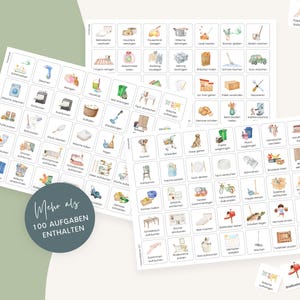 May include: A collection of white rectangular cards featuring watercolor illustrations of household chores and tasks with German text labels. A dark circular badge with the white text Mehr als 100 AUFGABEN ENTHALTEN is overlaid on the cards.