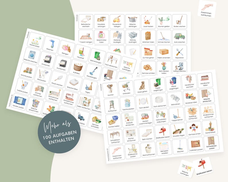 May include: A collection of white rectangular cards featuring watercolor illustrations of household chores and tasks with German text labels. A dark circular badge with the white text Mehr als 100 AUFGABEN ENTHALTEN is overlaid on the cards.