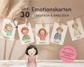 Emotion cards for children, watercolor illustrations, Montessori emotion cards, learning materials for emotions, emotional intelligence, recognizing feelings, PDF download