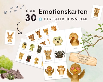 May include: A digital download set of over 30 emotion cards featuring watercolor-style animal illustrations. Each card displays a character expressing a specific feeling with a corresponding German label. The set includes various animals like a rabbit, spider, and bird, presented in three different formats for educational use.