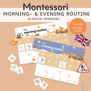 Tabla de rutinas para niños, Rutina matutina y vespertina para niños, Diseño de construcción, Tabla de rutinas imprimible con tarjetas, Planificador semanal Montessori