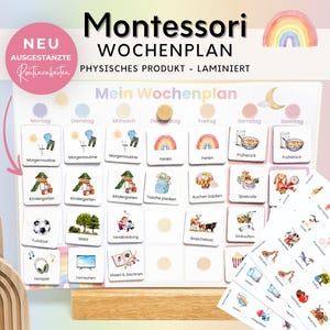 Montessori Wochenplan für Kinder mit über 300 laminierten Routinekarten auf Holzständer, Regenbogen Design, fertig gestanzte Bildkarten für den Familienalltag