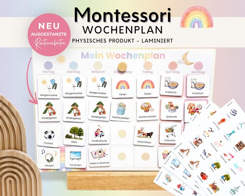 Montessori Wochenplan für Kinder mit über 300 laminierten Routinekarten auf Holzständer, Regenbogen Design, fertig gestanzte Bildkarten für den Familienalltag