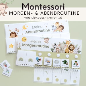 Könnte beinhalten: Zwei weiße Routine-Tafeln mit Spiralbindung, verziert mit Tierillustrationen und dem Text Montessori MORGEN- & ABENDROUTINE VON PÄDAGOGEN EMPFOHLEN. Eine Tafel ist mit Meine Abendroutine und die andere mit Meine Morgenroutine sowie kleinen Aufgabenkarten beschriftet.