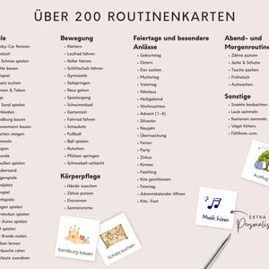 May include: A set of over 200 routine cards for children, featuring colorful illustrations and text in German. The cards are divided into categories such as "Spiele" (Games), "Bewegung" (Movement), "Feiertage und besondere Anl&auml;sse" (Holidays and Special Occasions), "Abend- und Morgenroutine" (Evening and Morning Routine), "K&ouml;rperpflege" (Body Care), and "Sonstige" (Other). The cards are designed to help children learn about daily routines and activities.