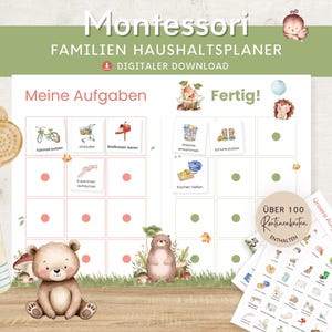 Plano doméstico para crianças animais da floresta, lista de tarefas para casa, Montessori para IMPRIMIR, plano de tarefas plano de limpeza, planejador familiar de organização