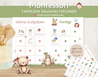 May include: A Montessori family household planner digital download featuring a chore chart with illustrations of a bear, hedgehog, and forest elements. The chart includes sections labeled Meine Aufgaben and Fertig with task cards and red and green dots.
