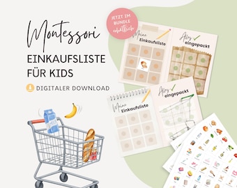 May include: A Montessori shopping list for kids digital download featuring a shopping trolley with groceries, multiple list templates with the text Meine Einkaufsliste and Alles eingepackt, and a sheet of small food item illustrations for children.