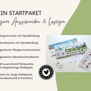 Lieferumfang Montessori Routineplaner: Morgenroutine und Abendroutine mit Spiralbindung, über 60 gestanzte Routinekarten, Klettpunkte und Klebepads, laminiert