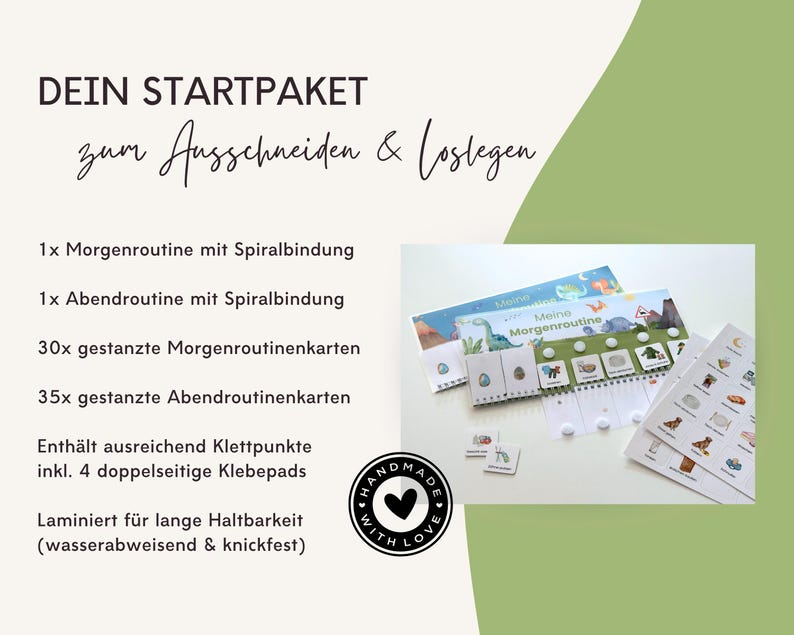 Lieferumfang Montessori Routineplaner: Morgenroutine und Abendroutine mit Spiralbindung, über 60 gestanzte Routinekarten, Klettpunkte und Klebepads, laminiert