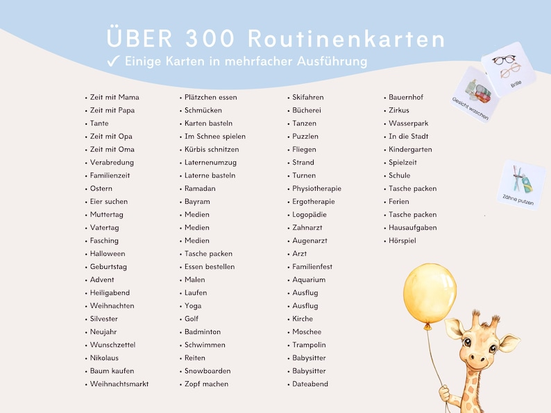 Liste aller enthaltenen Routinekarten Teil 2: Familie, Feste, Feiertage, Termine und weitere Aktivitäten für den Montessori Wochenplan