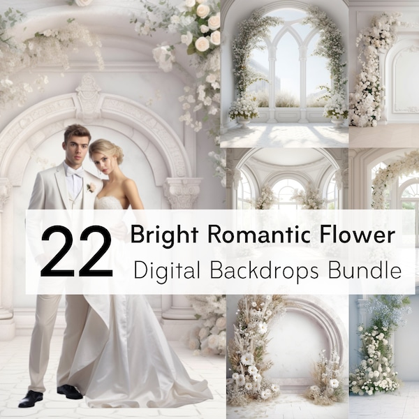 22 Floral White Room Bundle Backdrops Digital, Bright Romantic Flower Backdrop, Photoshop Overlays, Photography Backdrop, Wedding Photo, png