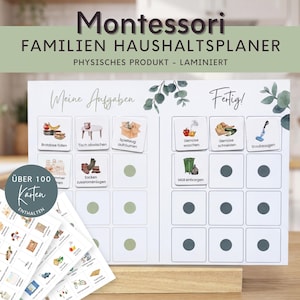 Könnte beinhalten: Ein laminierter Montessori Familien-Haushaltsplaner mit weißem Hintergrund, grünen Eukalyptusblatt-Akzenten und zwei Spalten mit der Beschriftung Meine Aufgaben und Fertig. Er enthält über 100 kleine quadratische Karten mit verschiedenen Haushaltsmotiven.