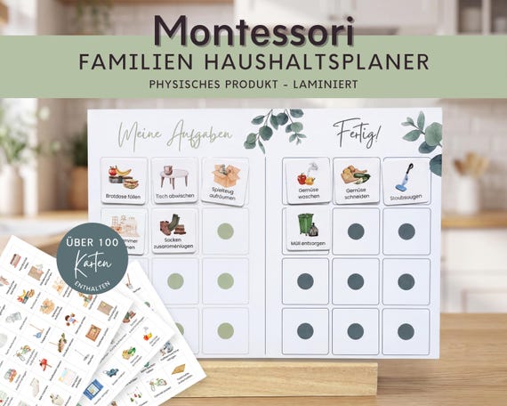 Haushaltsplan Kinder Montessori Eukalyptus grün laminiert, Aufgabenplan Familie, To-do-Liste Haushalt, Ämtliplan, Selbstständigkeit fördern