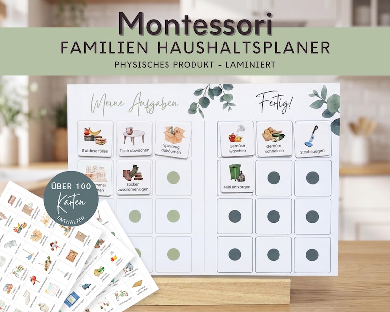 May include: A laminated Montessori family household planner board with German text including 'Montessori FAMILIEN HAUSHALTSPLANER', 'Meine Aufgaben', and 'Fertig!'. It features grid sections for task cards with illustrations, a circular badge stating '&Uuml;BER 100 Karten ENTHALTEN', and a wooden stand.
