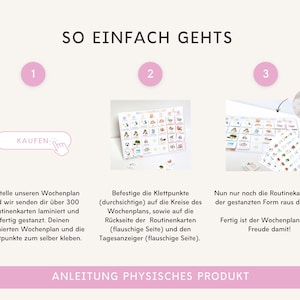 Anleitung in 3 Schritten: Wochenplan bestellen, Klettpunkte aufkleben, Routinekarten rausdrücken und loslegen