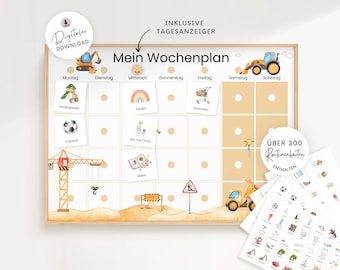 Weekly planner for children with routine cards featuring a digger, children's weekly planner, daily routine, Montessori printable with routine cards, starting school