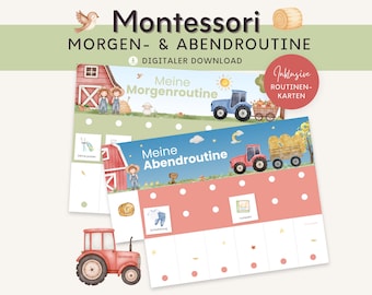 May include: A digital download featuring two farm-themed routine charts titled Meine Morgenroutine and Meine Abendroutine. The charts display illustrations of a red barn, a blue tractor, a red tractor, and hay bales, with small squares for routine cards.