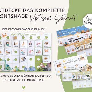 Weitere Montessori Produkte für Kinder im gleichen Design. Ergänzende Routinekarten und Planer für Kindergartenstart und strukturierten Familienalltag.