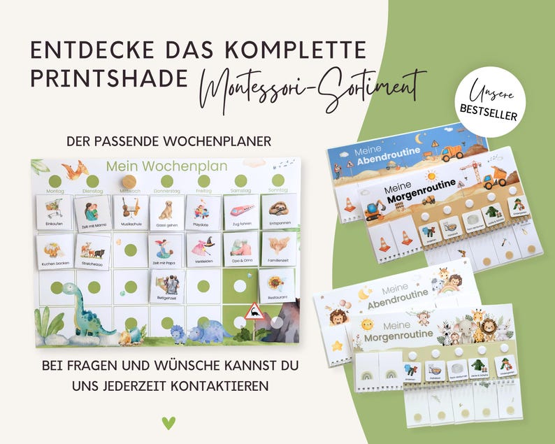 Weitere Montessori Produkte für Kinder im gleichen Design. Ergänzende Routinekarten und Planer für Kindergartenstart und strukturierten Familienalltag.