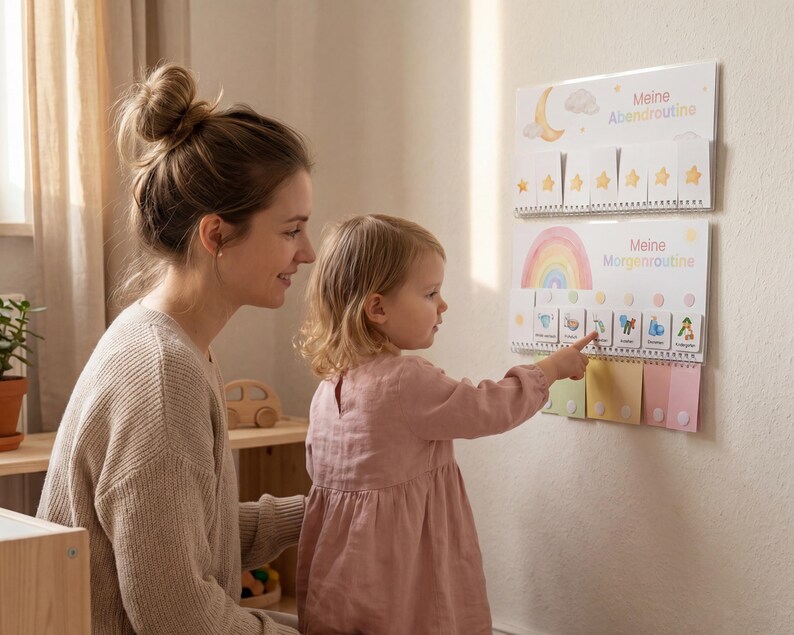 Mutter und kleine Tochter im Kinderzimmer vor dem Montessori Routineplaner Regenbogen an der Wand, Kind zeigt auf eine Routinekarte der Morgenroutine