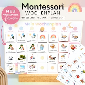 Könnte beinhalten: Ein laminierter Montessori Wochenplaner mit illustrierten Aktivitätskarten. Der Planer hat eine weiße Tafel mit dem Text "Mein Wochenplan" und einen Holzsockel. Enthält Karten mit Bildern von täglichen Routinen und Aktivitäten.