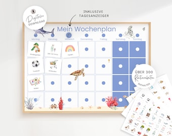 Veckoplanerare för barn med rutinkort, barns veckoplanerare havshaj, utskrivbar Montessori, barnrumsaffisch, rutin för barn