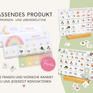May include: A set of visual routine boards and weekly planners featuring colorful illustrations and German text. The boards include 'Meine Morgenroutine', 'Meine Abendroutine', and 'Mein Wochenplan' with various activity tiles and wooden stands.
