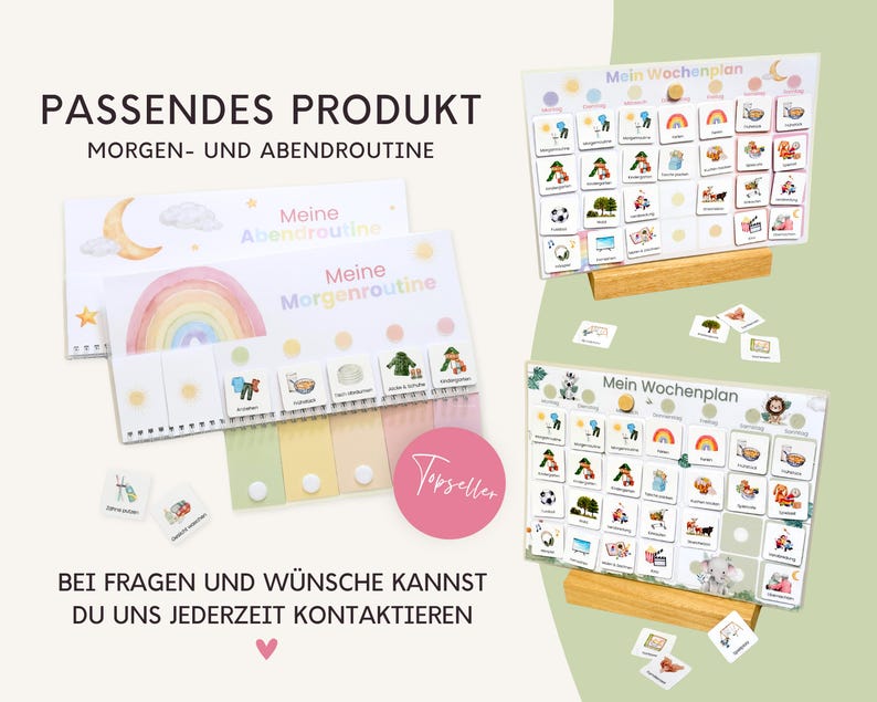 May include: A set of visual routine boards and weekly planners featuring colorful illustrations and German text. The boards include 'Meine Morgenroutine', 'Meine Abendroutine', and 'Mein Wochenplan' with various activity tiles and wooden stands.