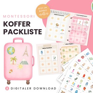 Könnte beinhalten: Ein Montessori Koffer-Packlisten-Set mit einer rosa Koffer-Illustration inklusive Reisestickern, spiralgebundenen Checklisten mit Symbolen und Bögen mit kleinen Objekt-Aufklebern. Der Text umfasst MONTESSORI KOFFER PACKLISTE und DIGITALER DOWNLOAD.