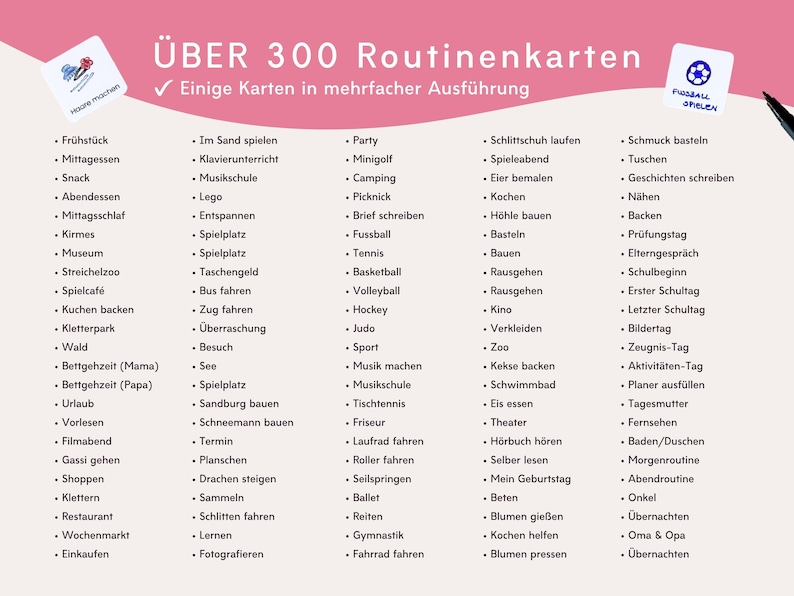 Liste aller enthaltenen Routinekarten Teil 1: Alltag, Sport, Freizeit, Schule und Hobbys, über 300 verschiedene Aktivitäten für Kinder