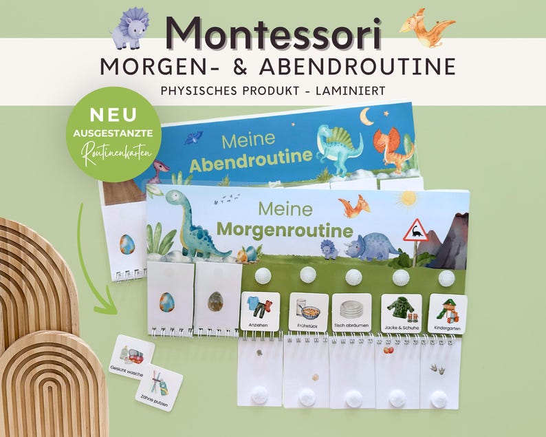 Montessori Routineplaner für Kinder mit Morgen- und Abendroutine zur Unterstützung bei ADHS, Trotzphase und Kindergartenstart. Visuelle Routinenkarten fördern Selbstständigkeit und Struktur im Familienalltag. Dinosaurier Dino Design