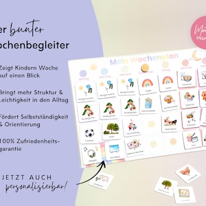 Vorteile des Montessori Wochenplaners: zeigt Kindern die Woche auf einen Blick, bringt Struktur in den Alltag, fördert Selbstständigkeit, 100% Zufriedenheitsgarantie
