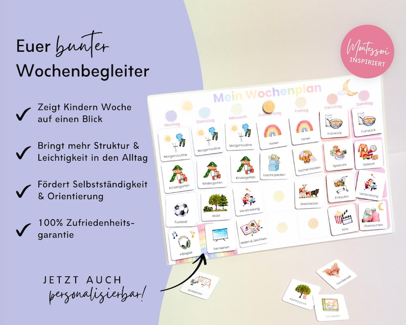 Vorteile des Montessori Wochenplaners: zeigt Kindern die Woche auf einen Blick, bringt Struktur in den Alltag, fördert Selbstständigkeit, 100% Zufriedenheitsgarantie