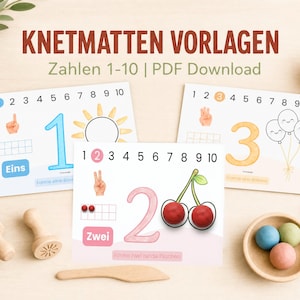 Op de afbeelding: Drie rechthoekige activiteitenkaarten met het opschrift KNETMATTEN VORLAGEN Zahlen 1-10 | PDF Download, met de cijfers 1, 2 en 3 en illustraties van een zon, kersen en ballonnen, naast handgebaren en telrasters van tien vakjes.