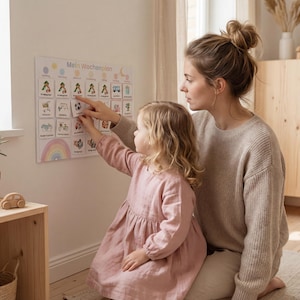 Mutter und kleine Tochter stehen gemeinsam vor dem Montessori Wochenplan an der Kinderzimmerwand, Kind zeigt auf eine Routinekarte