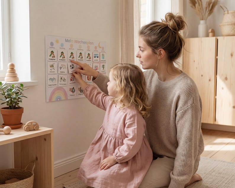 Mutter und kleine Tochter stehen gemeinsam vor dem Montessori Wochenplan an der Kinderzimmerwand, Kind zeigt auf eine Routinekarte