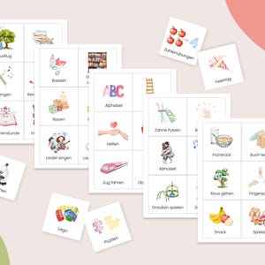 May include: A set of colorful cards with illustrations and German words for activities, such as "Ausflug" (outing), "Singen" (singing), "Bauen" (building), "M&auml;rchenstunde" (story time), "Forschen" (research), "Lieder singen" (singing songs), "Lego", "Puzzlen" (puzzling), "Zahlen&uuml;bungen" (number exercises), "Feiertag" (holiday), "Z&auml;hne Putzen" (brushing teeth), "Helfen" (helping), "Fr&uuml;hst&uuml;ck" (breakfast), "Buch lesen" (reading a book), "Abholzeit" (pick-up time), "Zug fahren" (taking a train), "Drau&szlig;en spielen" (playing outside), "Raus gehen" (going out), "Fingerspiele" (finger games), "Snack", "Spielzeit" (playtime), and "Alphabet".