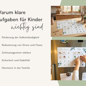 May include: A chore chart system for children featuring white sheets with illustrated task icons and green circular markers. The text reads: Warum klare Aufgaben f&uuml;r Kinder wichtig sind, F&ouml;rderung der Selbstst&auml;ndigkeit, Reduzierung von Stress und Chaos, Zeitmanagement st&auml;rken, Sicherheit und Stabilit&auml;t, Harmonie in der Familie, Meine Aufgaben, Fertig.