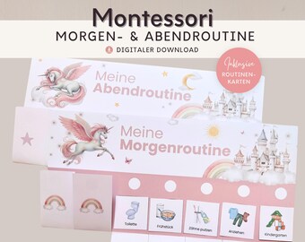 May include: A digital download Montessori morning and evening routine chart featuring a unicorn, castle, and rainbow design. The chart includes text in German, such as Meine Abendroutine and Meine Morgenroutine, along with small square cards depicting daily tasks like brushing teeth and getting dressed.
