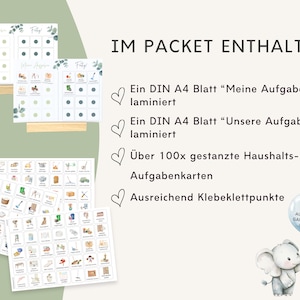 May include: A set of laminated A4 chore charts titled Meine Aufgaben and Unsere Aufgaben, over 100 die-cut household task cards, and adhesive hook-and-loop dots. The set includes a cartoon elephant illustration holding a blue balloon with text.