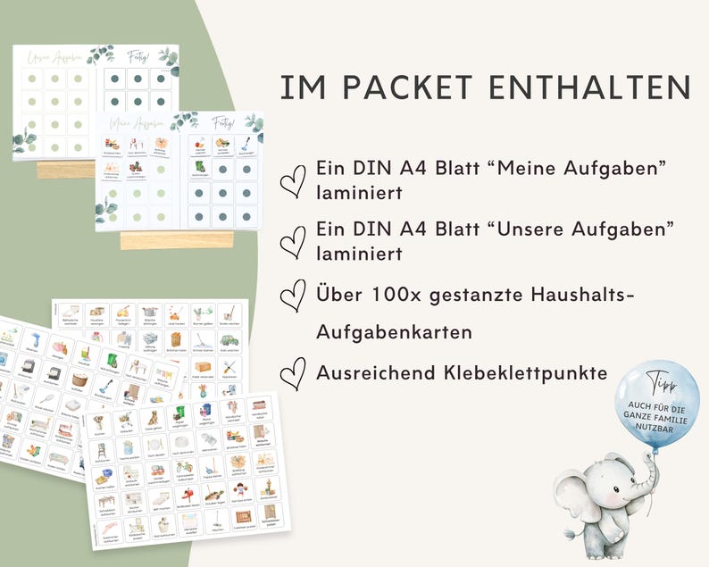 May include: A set of laminated A4 chore charts titled Meine Aufgaben and Unsere Aufgaben, over 100 die-cut household task cards, and adhesive hook-and-loop dots. The set includes a cartoon elephant illustration holding a blue balloon with text.