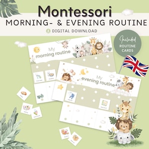 Tabla de rutinas para niños, Rutina matutina y vespertina para niños, Diseño Safari, Tabla de rutinas imprimible con tarjetas, Planificador semanal Montessori